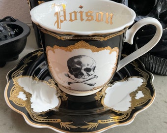 NEW ARRIVAL! Black Skull and Crossbones Cup and Saucer Set, 8 oz. Food Safe and Durable.