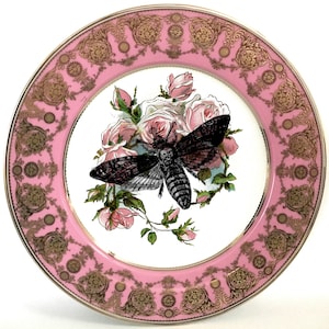 FREE SHIPPING-Pink and Gold Ornate Death Moth Plate / Bug / Insect Plate. Foodsafe, Durable