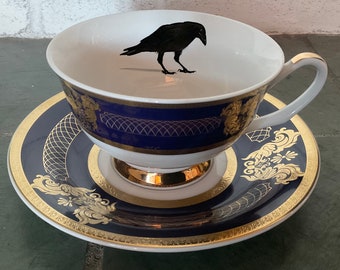 LIVRAISON GRATUITE - Magnifique ensemble de tasses à thé et soucoupes bleu foncé et or corbeau, lavable au lave-vaisselle et aux aliments.