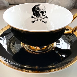 Black "Bones and Tea" Cup and Saucer Set, 8 Ounces, Food Safe and Durable, Porcelain.