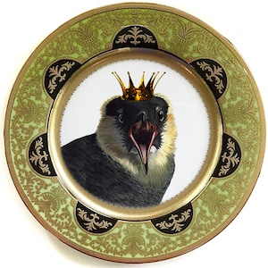 FREE SHIPPING-Green, Black and Gold Bird Plate or Cup and Saucer (8 ounce Capacity) Set. Foodsafe, Extremely Durable.