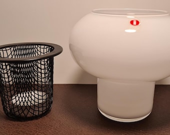 Rare 1980s Iittala "Light" Lantern by Mikko Karppinen - White Opal Glass with Black Metal Mesh - Vintage Finnish Mid-Century Modern Decor