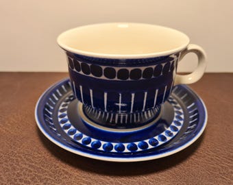 Vintage Arabia Finland Valencia Tea Cup Saucer | Hand-Painted Cobalt Blue Stoneware