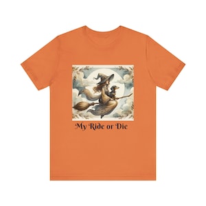 Witch and Dachshund Unisex Tee, Halloween Best Friends Shirt, Ride or Die Broomstick Top, Spooky Dog Lover Gift, Witchy Short Sleeve Shirt,
