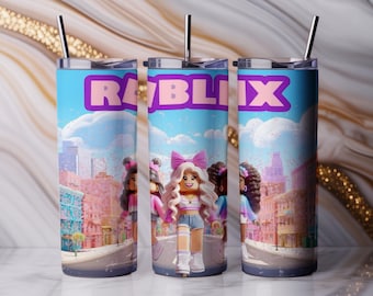 Envoltura de vaso PNG con personajes de videojuegos de dibujos animados: diseño de vaso delgado de 20 oz estilo Roblox, descarga digital divertida