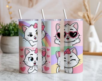 Cute White Kitten 20oz Tumbler Wrap PNG | Kawaii Cat Pastel Seamless Sublimation Design | Rainbow Digital Download