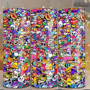 Cartoon Collage 20oz Tumbler Wrap PNG | Bright Sublimation Design for Skinny Tumblers | Fun Digital Download