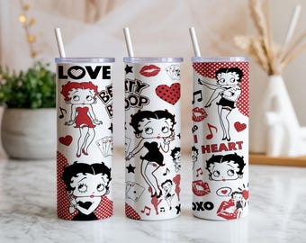 Retro Cartoon 20oz Skinny Tumbler Wrap PNG | Cute Red & Black Pop Art Digital Download | Sublimation Design