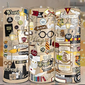 May include: Three stainless steel tumblers with a beige background are decorated with a collage of Harry Potter-themed stickers and text. The tumblers feature phrases like "Wizard," "Magic," and "Platform 9 3/4." Each tumbler has a silver straw.