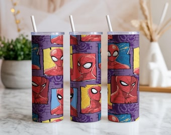 Spider Hero Comic Tumbler Wrap PNG | 20oz Skinny Tumbler Sublimation Design | Colorful Superhero Seamless Pattern Digital Download