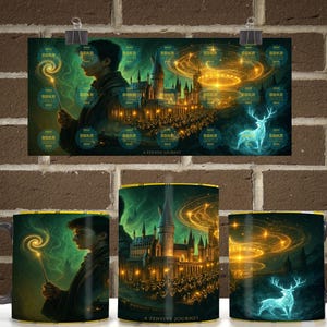 Puede incluir: Una taza de cerámica con una ilustración de fantasía oscura de un joven mago sosteniendo una varita brillante, un gran castillo iluminado por luces doradas y un ciervo patronus luminoso. El texto A PENSIVE JOURNEY aparece en la parte inferior.