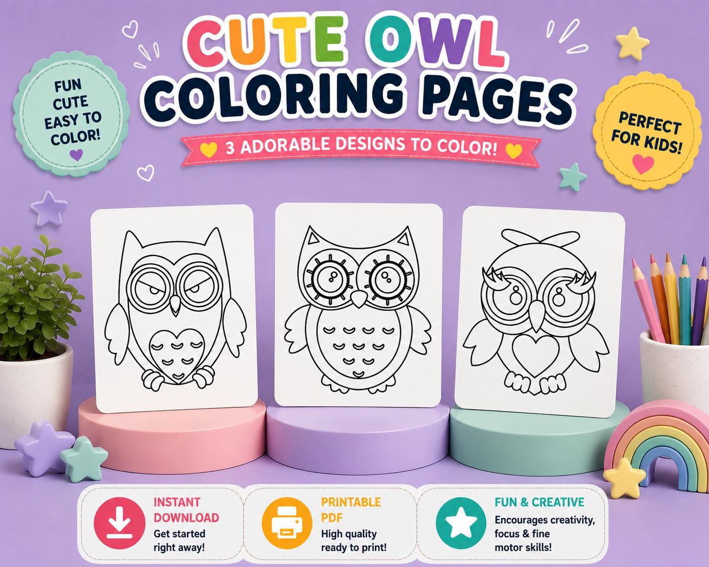 Owl Coloring Pages, Fun Kids Activity, Printable PDF Download