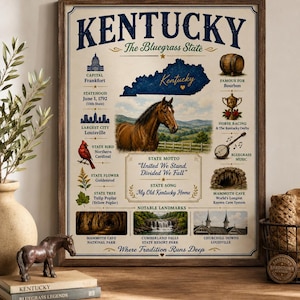 Puede incluir: Una lámina enmarcada titulada KENTUCKY The Bluegrass State, que muestra un mapa de Kentucky, un caballo marrón e ilustraciones de un barril de bourbon, un trofeo, un banjo, un cardenal, vara de oro y un tulipanero.