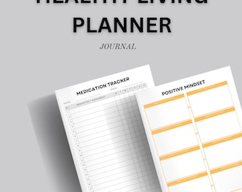 Puede incluir: Un diario de planificación de vida saludable blanco con el texto "Healthy Living Planner Journal" en negro. El diario incluye un rastreador de medicamentos y una sección de mentalidad positiva. La parte inferior de la imagen dice "Descarga imprimible instantánea - Tamaño carta y A4".