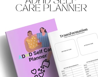 Può includere: Un pianificatore di auto-cura ADHD lavanda con il titolo in alto. La copertina del pianificatore presenta un'illustrazione di due donne. L'interno del pianificatore include pagine per il monitoraggio della trasformazione fisica.