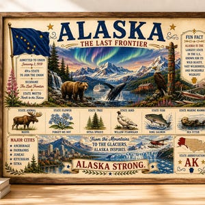 May include: A framed educational poster titled ALASKA THE LAST FRONTIER featuring the state flag, a landscape with mountains, aurora borealis, a bear, a whale, and an eagle. It includes facts, state symbols like the moose, and a map of Alaska.