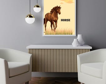 ヴィンテージ馬イラストアートプリント、ファームハウスウェスタンインテリア
