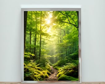 Sunlit Forest Path Print, Green Woodland Landscape, Nature Wall Art