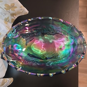 Charming Vintage 70&#39;s Carnival Glass Bowl - Iridescent Blue Footed Treasure