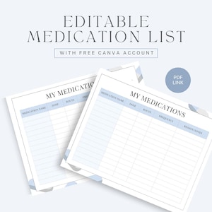 May include: Two printable medication list templates. The top text reads "EDITABLE MEDICATION LIST" and "WITH FREE CANVA ACCOUNT". The forms have light blue headers and lines for medication name, dose, route, and frequency. A PDF link is in the upper right.