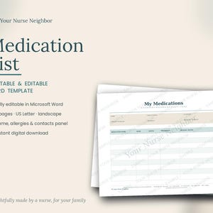 May include: A printable and editable medication list template in landscape orientation. The document features a header titled My Medications, a section for personal details, and a table with columns for medication name, dose, route, and frequency.