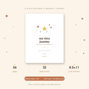 Puede incluir: Un diario de recuerdos NICU blanco con una portada de estrellas que incluye el texto 'our nicu journey', 'a keepsake journal for our little one' y 'our little wish come true'. El diario tiene 56 páginas, 32 entradas diarias y mide 21,6x27,9 cm.