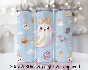 Girly Halloween Tumbler Wrap PNG: Pink Ghost, Pumpkin & Bat Design (Digital Download)