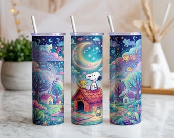 Snoopy 20oz Tumbler Wrap PNG | Drömmande månekatthund sublimeringsdesign | Söt natt digital nedladdning