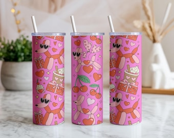 Ballonghund 20oz Tumbler Wrap PNG | Rosa körsbärshjärtan sömlös sublimeringsdesign | Söt festgåva digital nedladdning