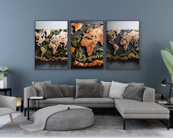 Wooden World Map Wall Art - Earth Tones - 3 Piece Set