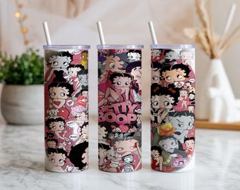 Betty Boop 59 cl tumblerwrap PNG | Glamourös tecknad collage sublimeringsdesign | Retro rosa digital nedladdning