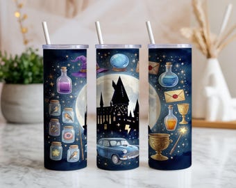 Trollkarlsmagiskt slott Tumbler Wrap PNG | Fantasy School 20oz smal tumblerdesign | Magisk sublimering digital nedladdning