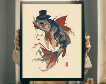Koi Fish in Top Hat Art Print: Japanese Surrealism (Digital Download 5x7-16x20")