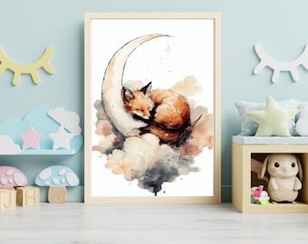 Half Moon Sleeping Fox Printable Wall Art – Whimsical Watercolor Animal Nursery Decor – Instant Download