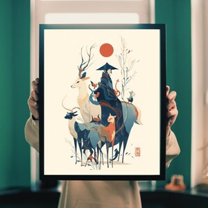 Japanese Fantasy Art Print: Woman with Deer & Foxes (Digital Download, 5x7-16x20&quot;)