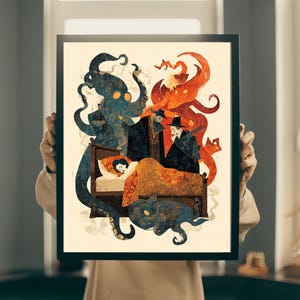 May include: A framed art print featuring a surreal illustration. A person sleeps in a bed, surrounded by fantastical creatures, including an octopus and a fiery, humanoid figure. The artwork is in shades of blue, orange, and black.