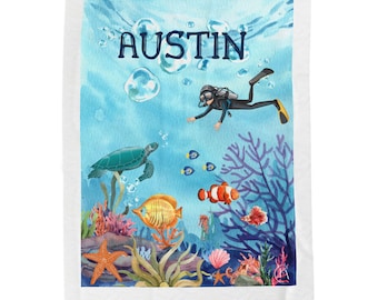 Plush Blanket - Customizable Under the Sea Throw Blanket - Kid Scuba Diving with Sea Creatures, Ocean Theme Bedding, Bedroom Decor.