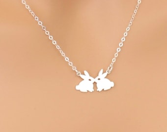 Kissing Bunnies Necklace, Sterling Silver, Pet Bunny, Rabbit Jewelry, Gift, For Her, Bunny Necklace, Rabbit Necklace