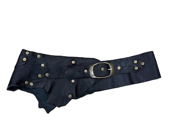 Black Leather Corset Belt | Studded Asymmetric Waist Cincher, Boho Rock Obi Belt