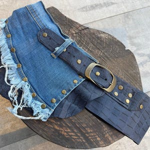 Navy Blue Denim Detailed Leather Belt – Handmade Boho Casual Style