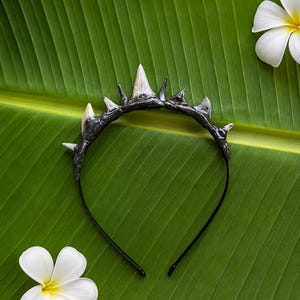 May include: A black headband with silver-colored spikes and teeth-like accents. The crown-like accessory is set against a green leaf with white flowers, creating a natural and elegant aesthetic.