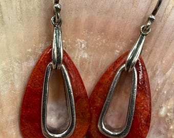 Retired Silpada Sterling Silver Red Coral Open Teardrop Earrings 925 Vintage Signed Chevron Logo Boho Geometric Dangle Drops