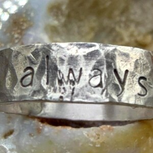 Hammered Sterling Silver Always and Forever Ring 925 Hand Stamped Inscribed Poesy Band Rustic Distressed Promise Ring Size 9 US image 2