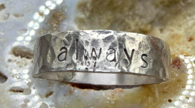 Hammered Sterling Silver Always and Forever Ring 925 Hand Stamped Inscribed Poesy Band Rustic Distressed Promise Ring Size 9 US image 2