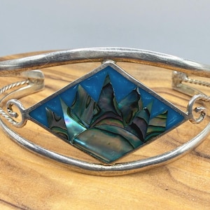 Alpaca Mexico Abalone Shell Inlay Cuff Bracelet Blue Mosaic Diamond Shaped Statement Bracelet Silver Open Split Band Retro Bangle