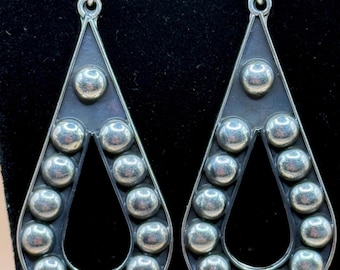 Mexico Sterling Silver Teardrop Earrings - Beaded Openwork Design - 925 Silver - 8.7g