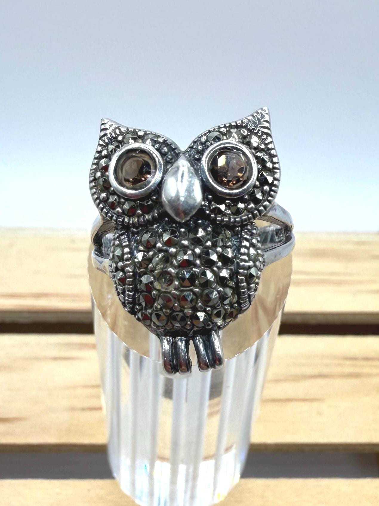 Sterling Silver 925 Marcasite Owl with Smoky Quartz Eyes Ring Size 8 US