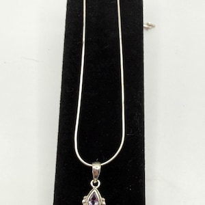 Faceted Pear Shaped Amethyst Scroll Dot Accents 925 Sterling Silver Pendant 18in Snake Chain