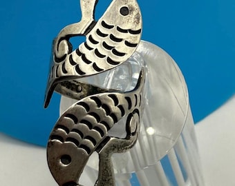 MEXICO Sterling Silver Double Fish Bypass Ring Sharon Cisco SC Signed TAXCO Koi Ring Modernist Animal Statement Adjustable