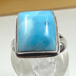 Larimar Sterling Silver Rectangular Ring Bold Caribbean Blue Gemstone Chunky Geometric Volcanic Water Matrix Ocean Ring Size 7.25US